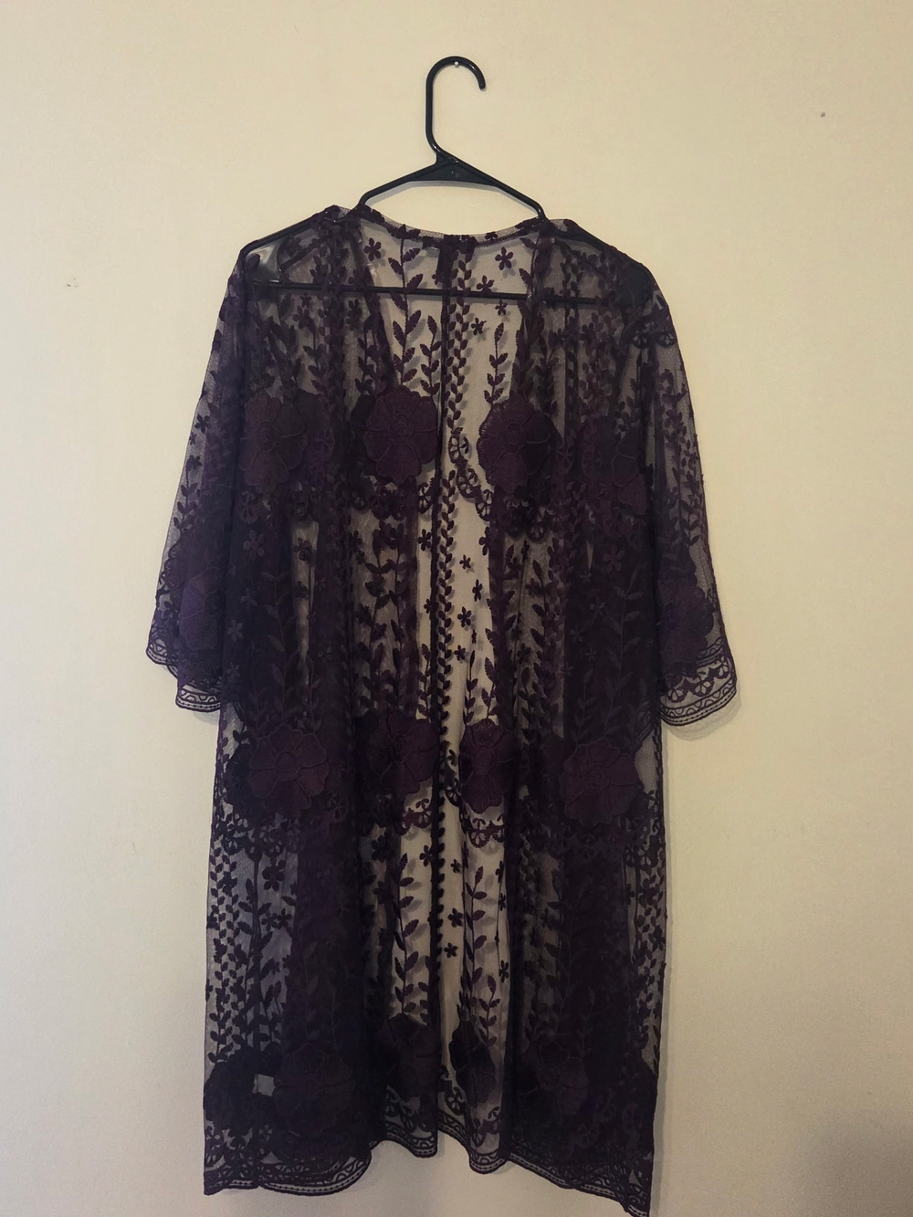 Torrid Sheer Floral Lace Kimono in Deep Plum